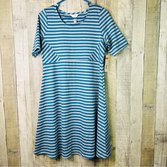 Three Seasons Maternity Size Small Teal/Gray Striped Dress w/Short Sleeves - Picture 1 of 8